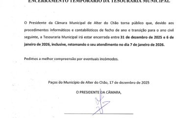 Aviso – Encerramento Temporário da Tesouraria Municipal

A Tesouraria Municipal…