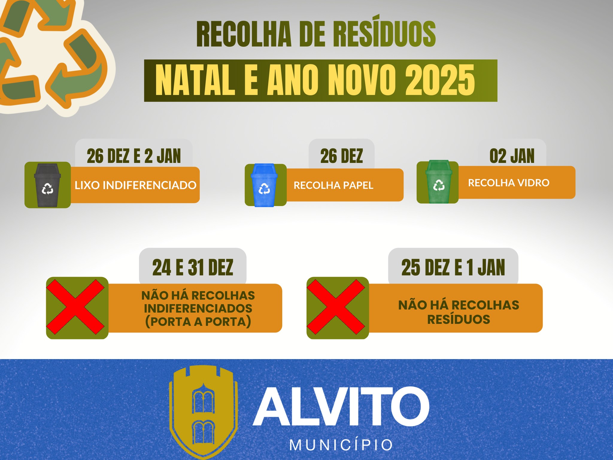 AVISO | Recolha de Resíduos – Natal e Ano Novo 2025 

O Município de Alvito inf…