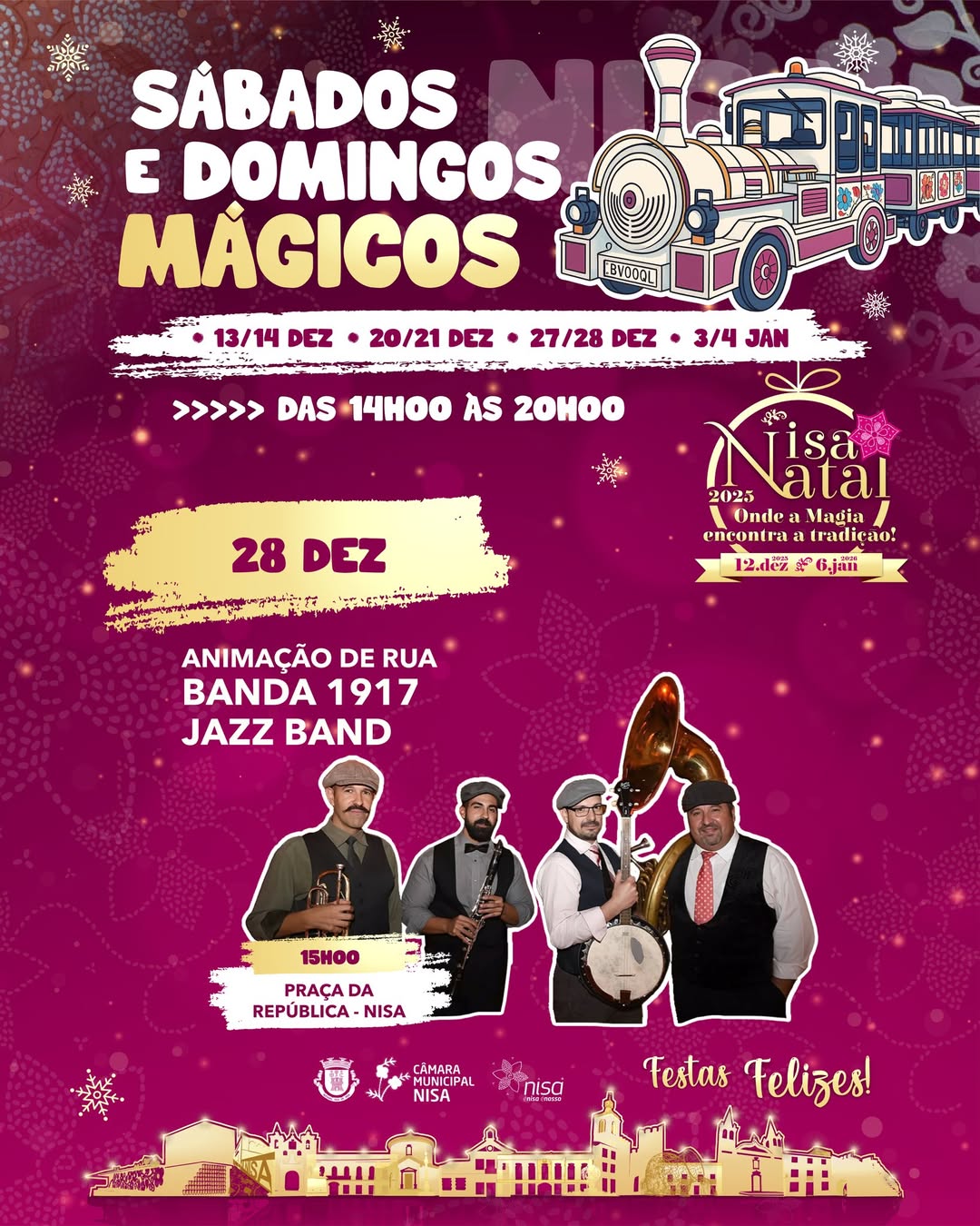Domingo Mágico em Nisa! 

 𝐀𝐧𝐢𝐦𝐚𝐜̧𝐚̃𝐨 𝐝𝐞 𝐑𝐮𝐚 𝐜𝐨𝐦 𝐚 𝐁𝐚𝐧𝐝𝐚 𝟏𝟗𝟏𝟕 𝐉𝐚𝐳𝐳 𝐁𝐚𝐧𝐝
 28 de d…