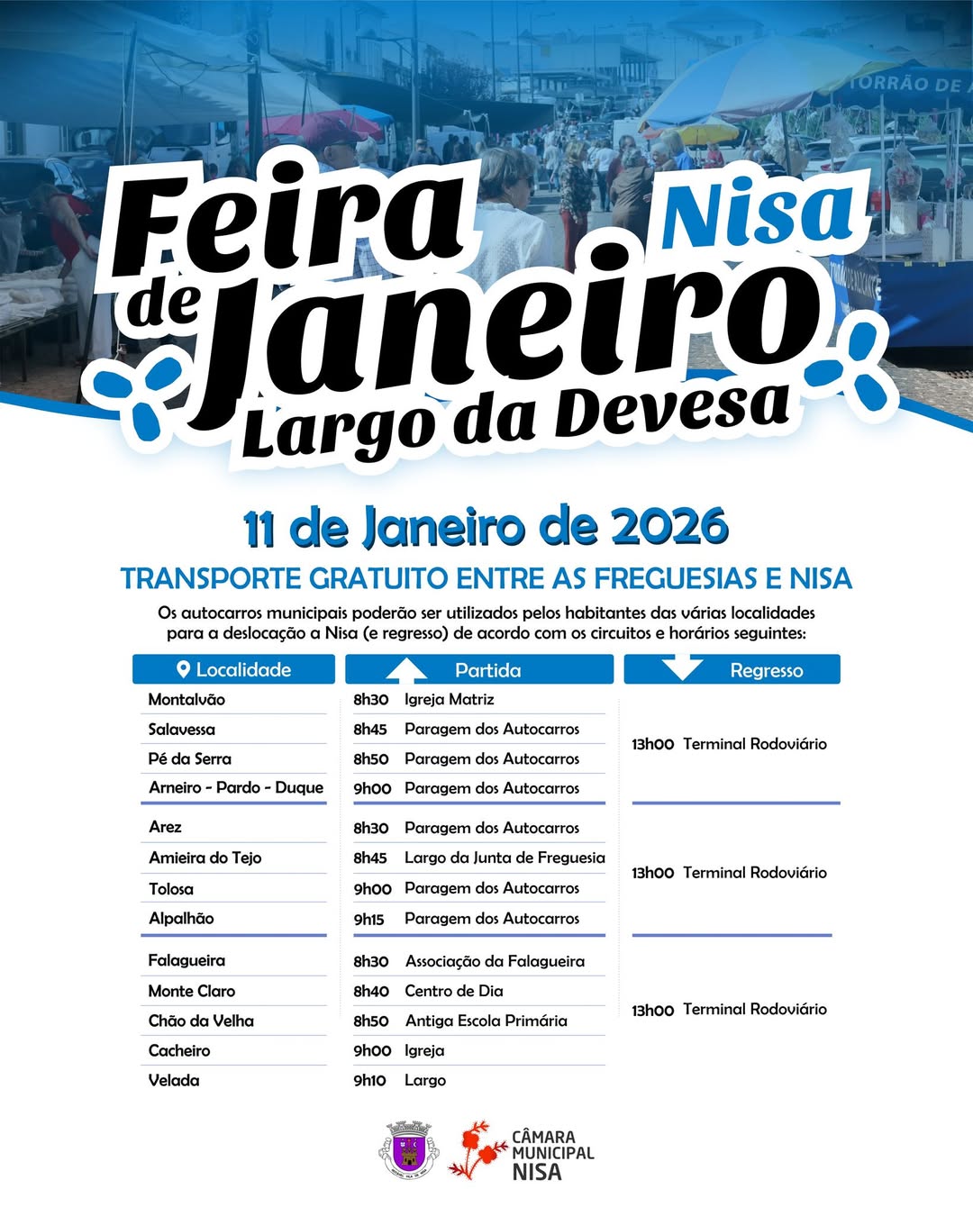 𝐅𝐞𝐢𝐫𝐚 𝐝𝐞 𝐉𝐚𝐧𝐞𝐢𝐫𝐨
11 de janeiro
Largo da Devesa em Nisa
Transporte Gratuito… 𝐅𝐞𝐢𝐫𝐚 𝐝𝐞 𝐉𝐚𝐧𝐞𝐢𝐫𝐨
11 de janeiro
Largo da Devesa em Nisa
Transporte Gratuito…