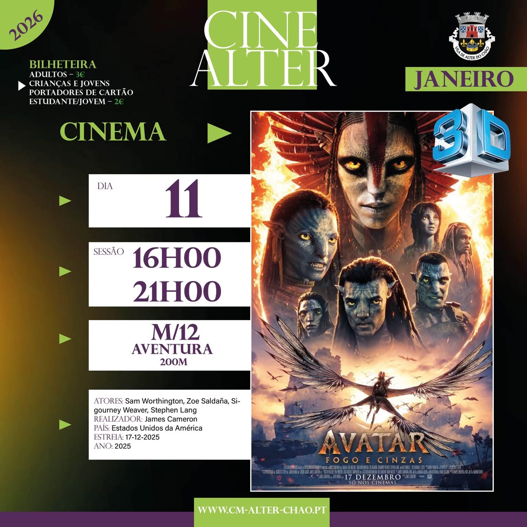 CINEMALTER
AVATAR – FOGO E CINZAS 3D

 11 de janeiro (Domingo)
Cineteatro de Al…