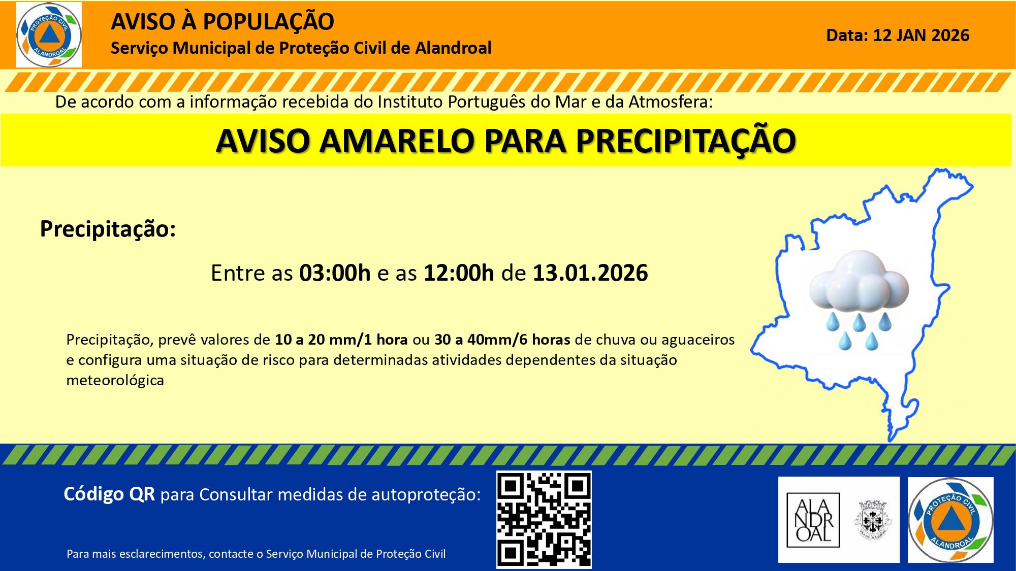 Aviso Amarelo – Precipitação 
 Entre as 03h00 e as 12h00 de dia 13/01 

#municip…