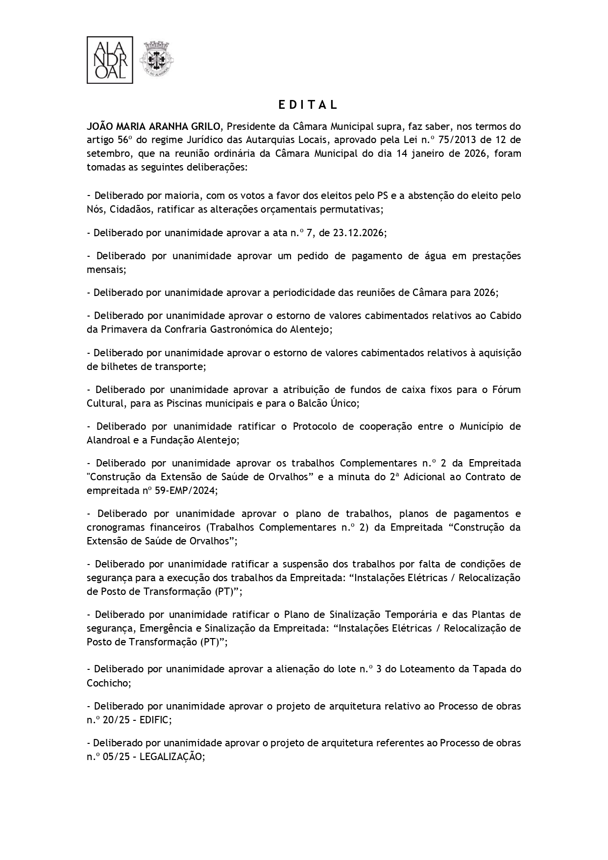 Reunião de Câmara 
14 de janeiro de 2026