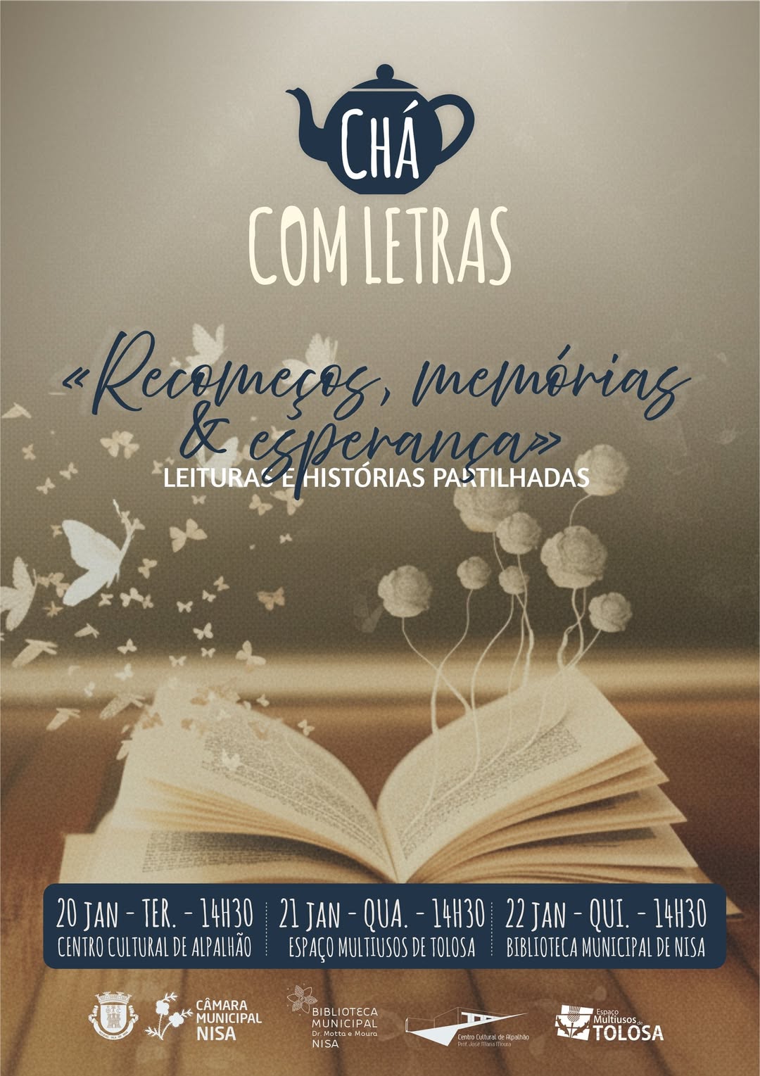 𝐂𝐡𝐚́ 𝐜𝐨𝐦 𝐥𝐞𝐭𝐫𝐚𝐬 “𝐑𝐞𝐜𝐨𝐦𝐞𝐜̧𝐨𝐬, 𝐦𝐞𝐦𝐨́𝐫𝐢𝐚𝐬 & 𝐞𝐬𝐩𝐞𝐫𝐚𝐧𝐜̧𝐚” 

 20 de janeiro – Centro C…
