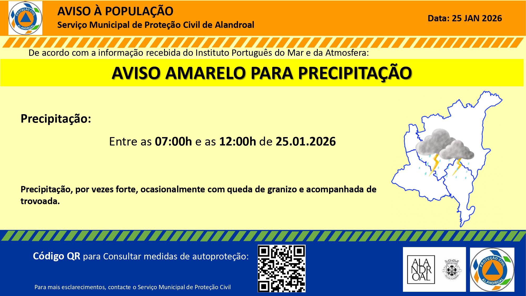Aviso Amarelo – Precipitação 
 Entre as 07h00 e as 12h00 de dia 25/01 

#municip…