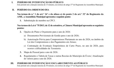 A sessão da Assembleia Municipal de Évora é já no dia 28 de janeiro. Venha assis…