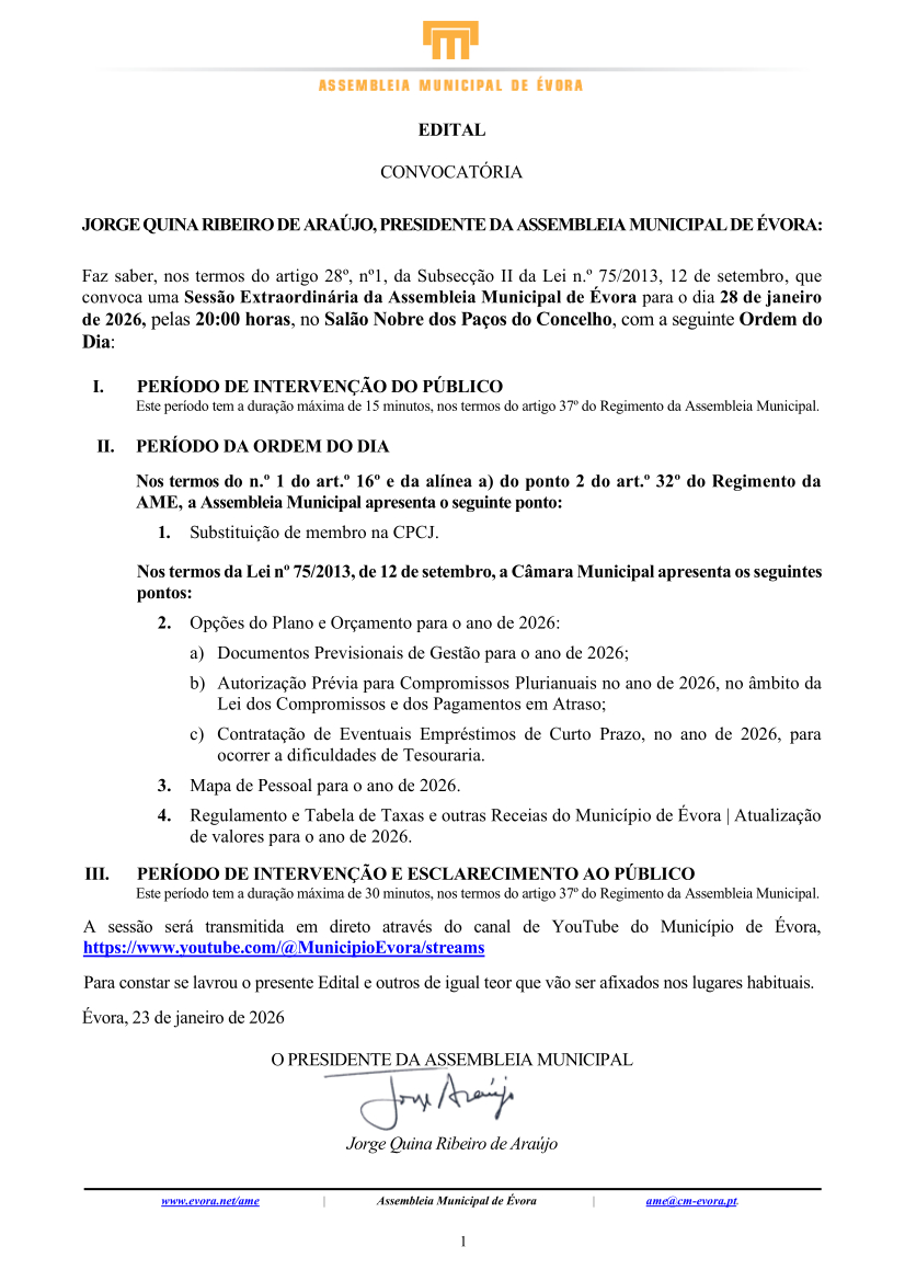 A sessão da Assembleia Municipal de Évora é já no dia 28 de janeiro. Venha assis…