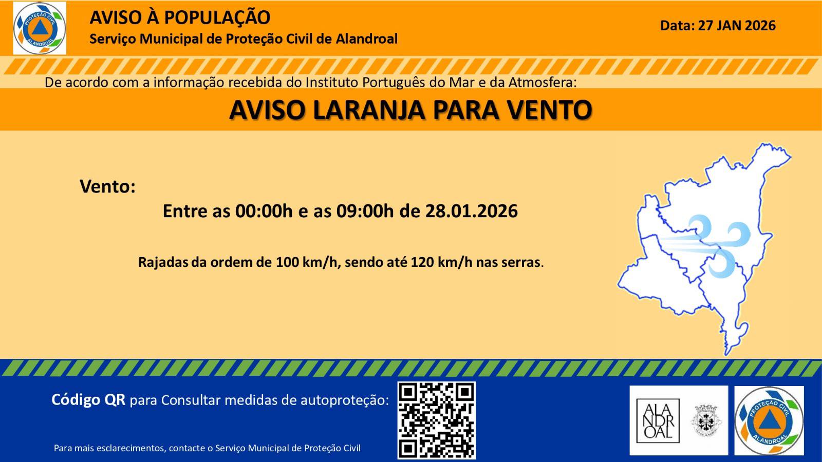 Aviso Laranja – Vento 
 Entre as 00h00 e as 09h00 de dia 28/01

#municipiodealan…