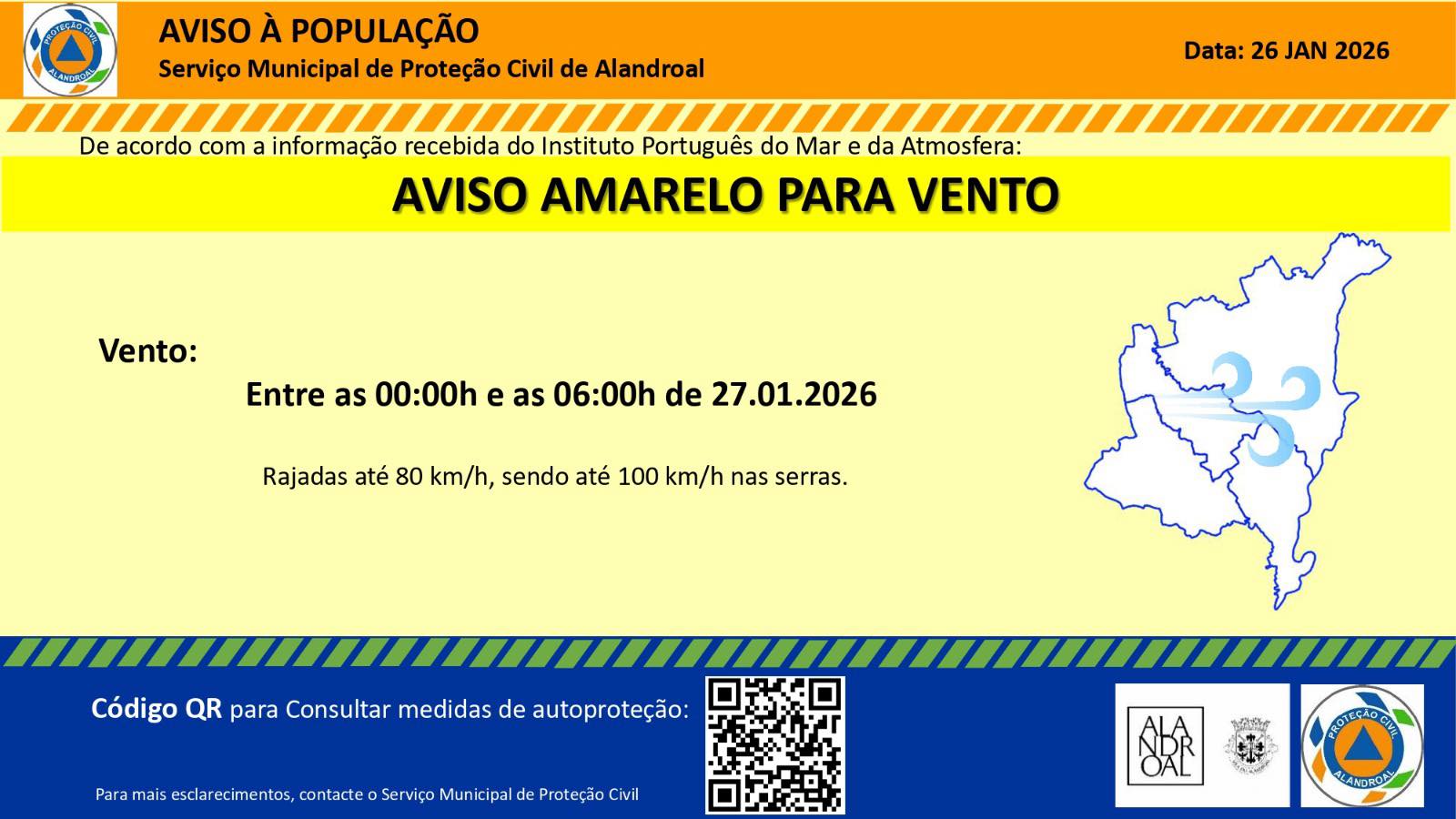 Aviso Amarelo – Vento 
 Entre as 00h00 e as 06h00 de dia 27/01

#municipiodealan…