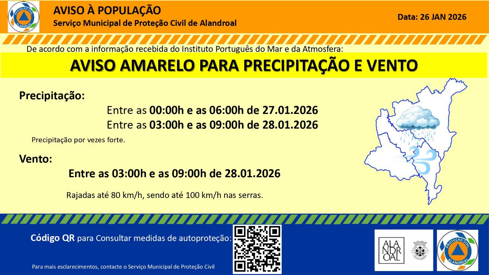 Aviso Amarelo – Precipitação 
 Entre as 00h00 e as 06h00 de dia 27/01 e às 03h00…