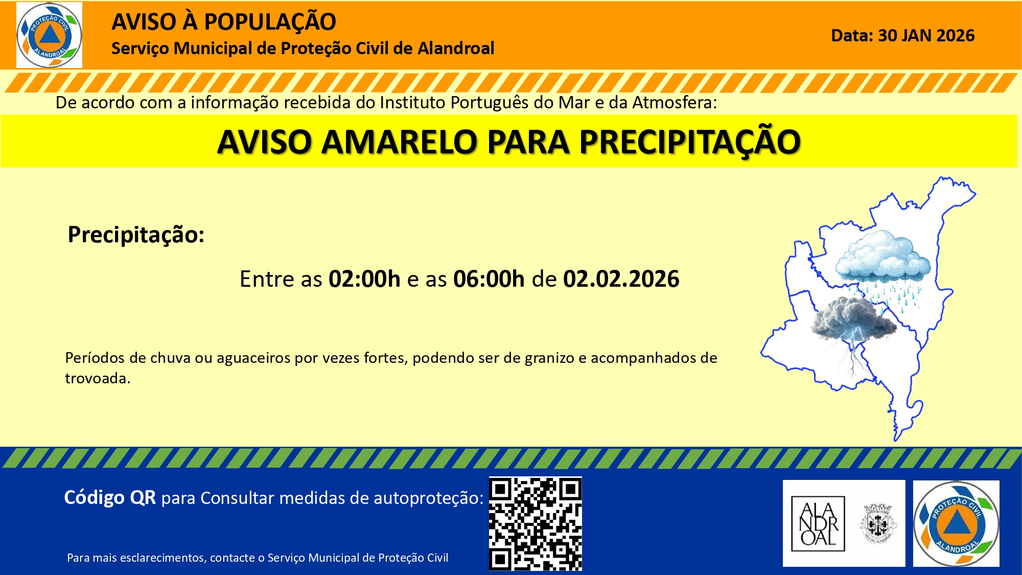Aviso Amarelo – Precipitação 
 Entre as 02h00 e as 06h00 de dia 02/02

#municipi…
