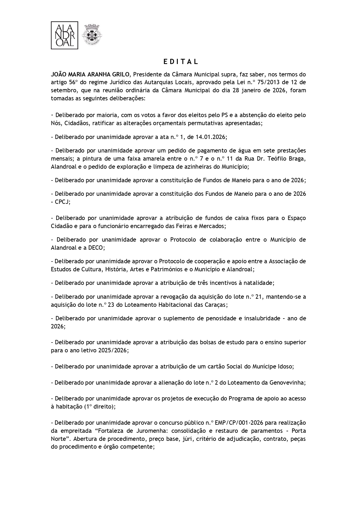 Reunião de Câmara
28 de janeiro de 2026