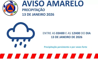 AVISO AMARELO | PRECIPITAÇÃO | 13 JANEIRO 2026 
 Entre as 03h00 e as 12h00 de 1…