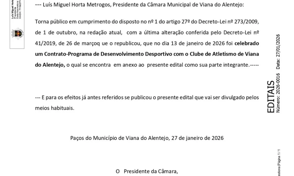 Edital 
Contrato Programa de Desenvolvimento Desportivo celebrado com o Clube de…