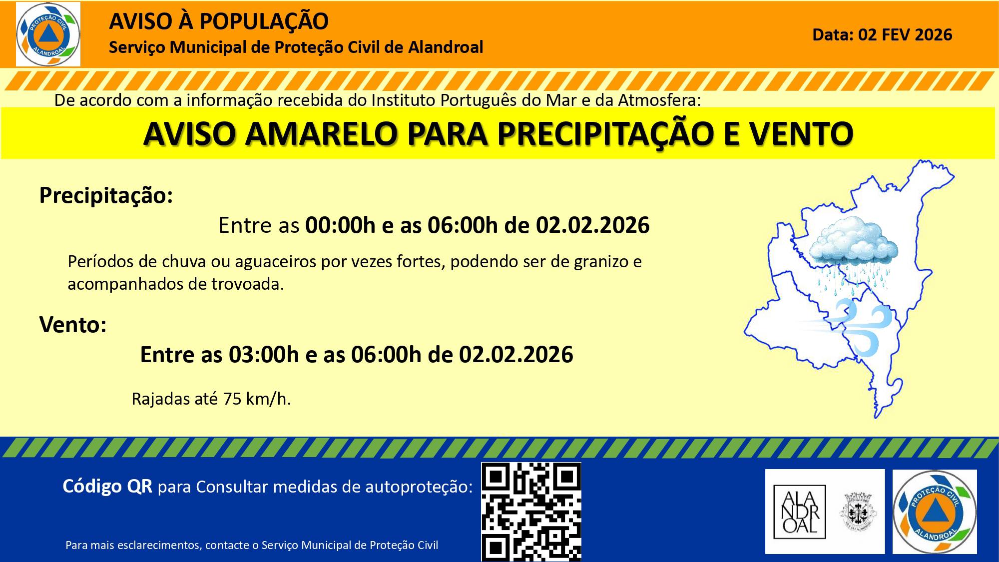 Aviso Amarelo – Precipitação 
 Entre as 00h00 e as 06h00 de dia  02/02

Aviso Am…