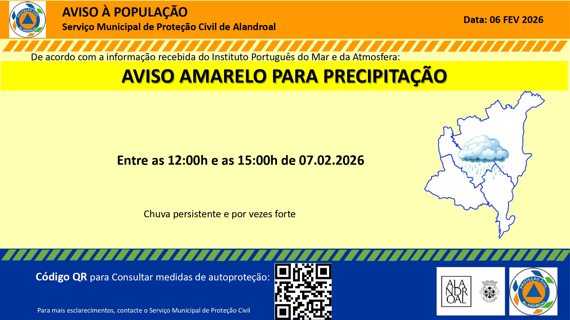 Aviso Amarelo – Precipitação 
 Entre as 12h00 e as 15h00 de dia 07/02

#municipi…