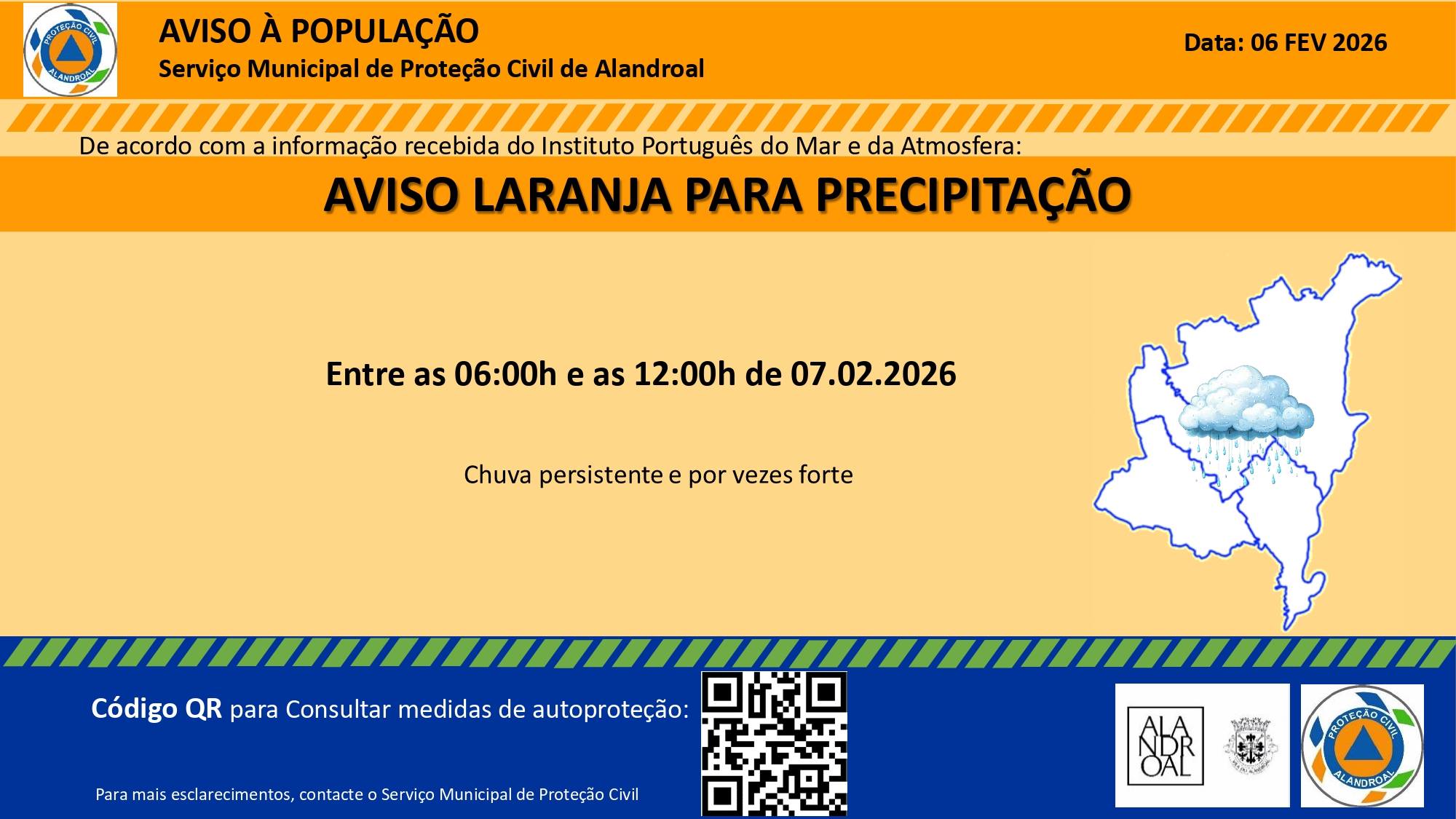Aviso Laranja – Precipitação 
 Entre as 06h00 e as 12h00 de dia 07/02

#municipi…