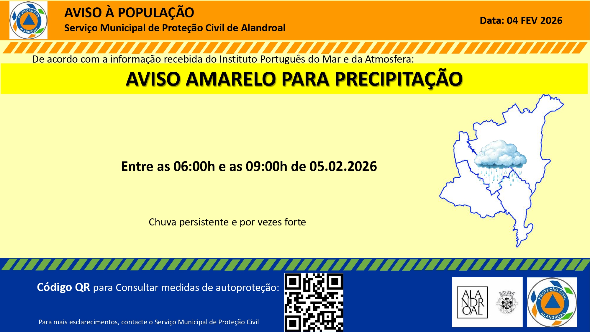 Aviso Amarelo – Precipitação 
 Entre as 06h00 e as 09h00 de dia 05/02

#municipi…