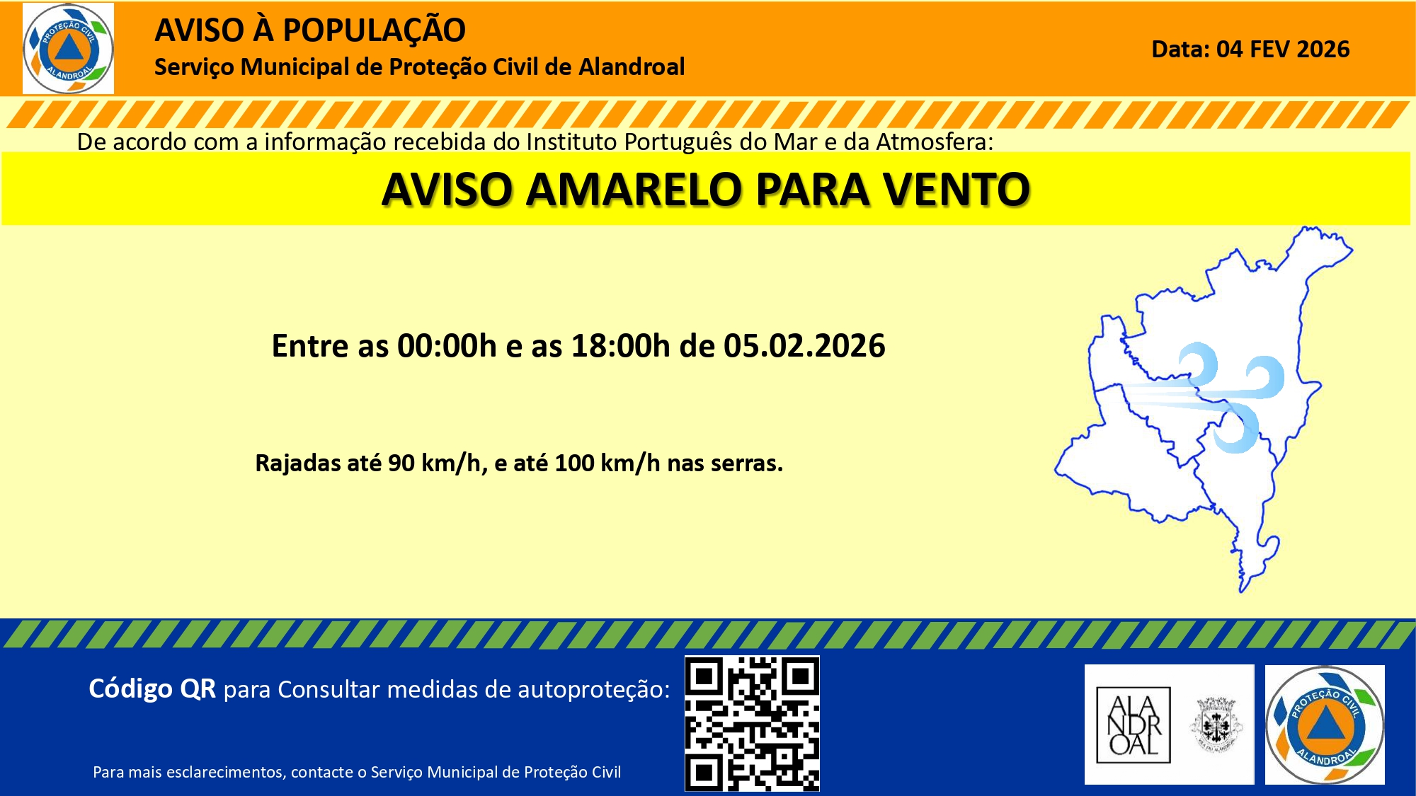 Aviso Amarelo – Vento
 Entre as 00h00 e as 18h00 de dia 05/02

#municipiodealand…