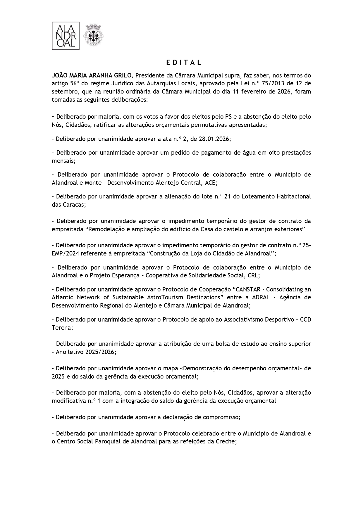 Reunião de Câmara
11 de fevereiro de 2026