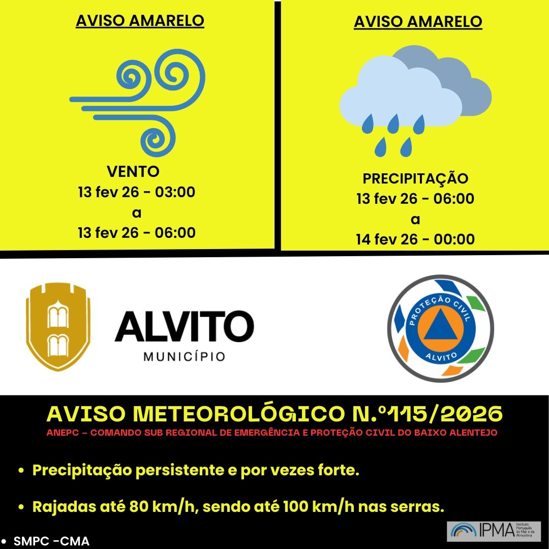 ALERTA METEOROLÓGICO: PRECIPITAÇÃO E VENTO FORTE

O Município de Alvito informa…