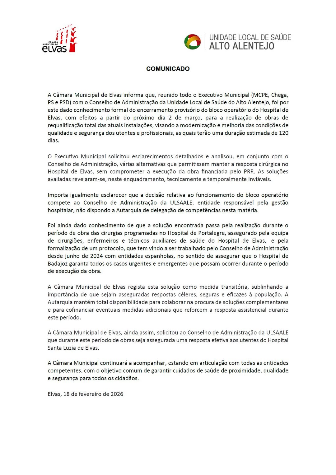 Comunicado do Município de Elvas sobre o encerramento provisório do bloco operat…