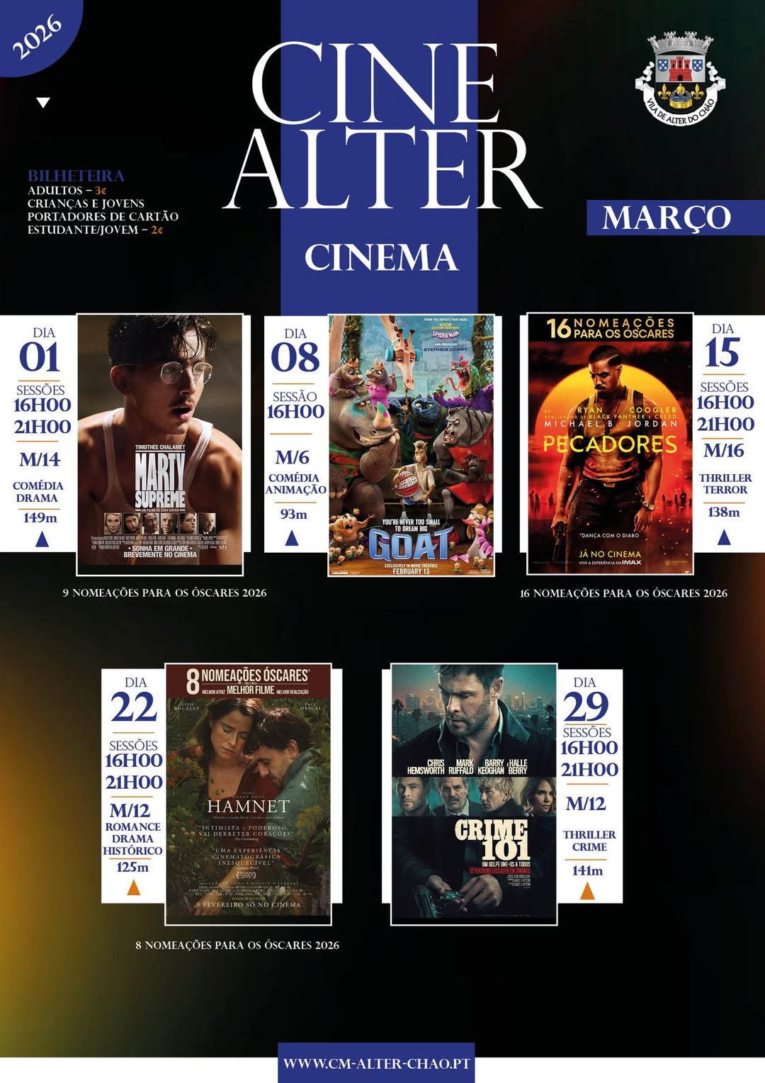 𝐂𝐈𝐍𝐄 𝐀𝐋𝐓𝐄𝐑
Março 2026
 Bilhetes:
Adultos – 3€
Crianças e jovens portadores de c…