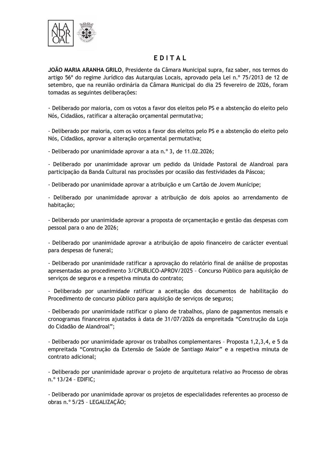 Reunião de Câmara 
25 de fevereiro de 2026