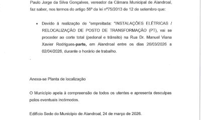Corte de Trânsito
 de dia 26/03 a 02/04

 Rua Manuel Viana Xavier Rodrigues, Ala…
