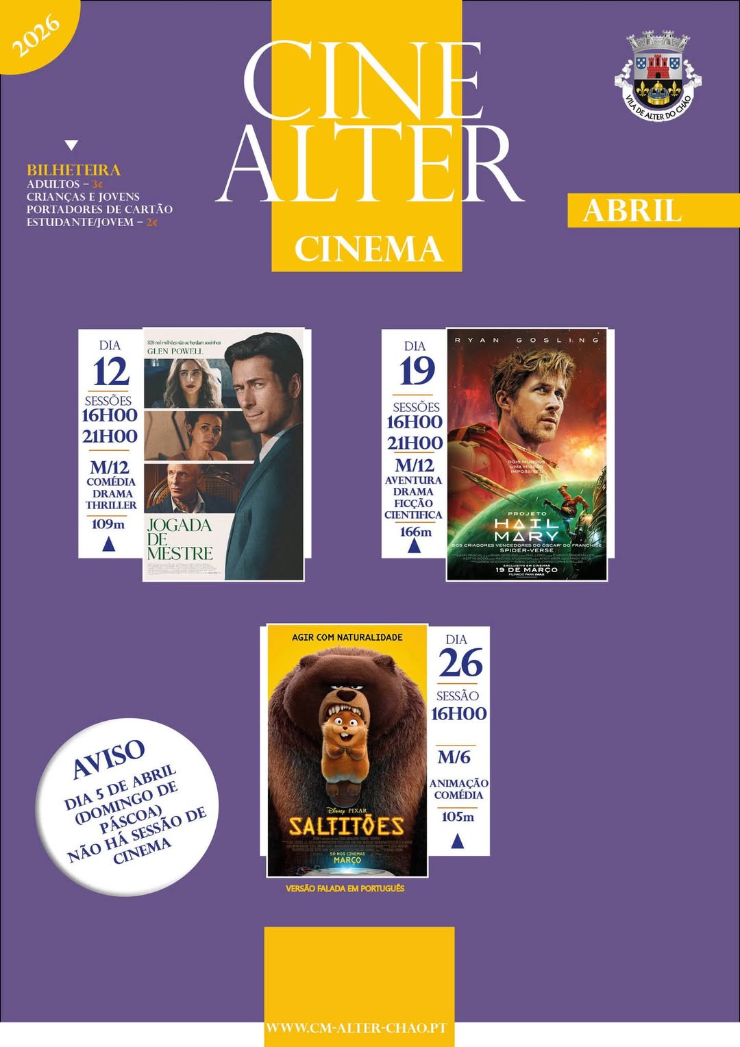 CINEMALTER
Abril 2026

No domingo de Páscoa, não haverá sessões de cinema.

 Bi…