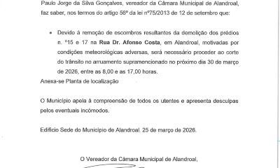 Corte de Trânsito
 dia 30/03
 entre as 8h00 e as 17h00

 Rua Afonso Costa, Aland…