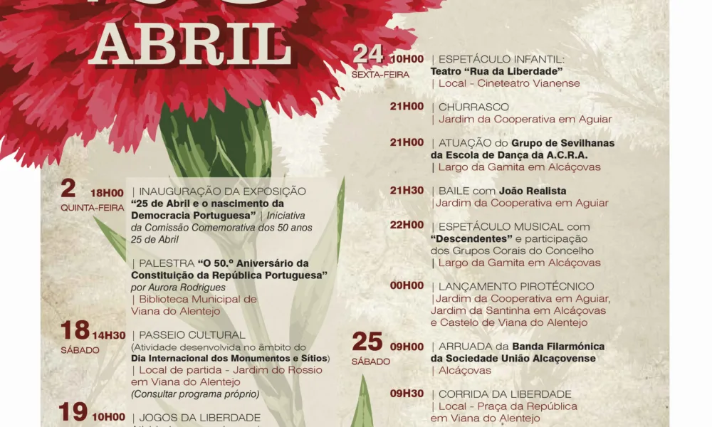 Viana do Alentejo celebra 52 anos do 25 de Abril com programa cultural e desportivo