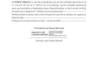 Edital n. 10/2026

Tolerância de ponto no dia 6 de abril, segunda-feira de Pásco…