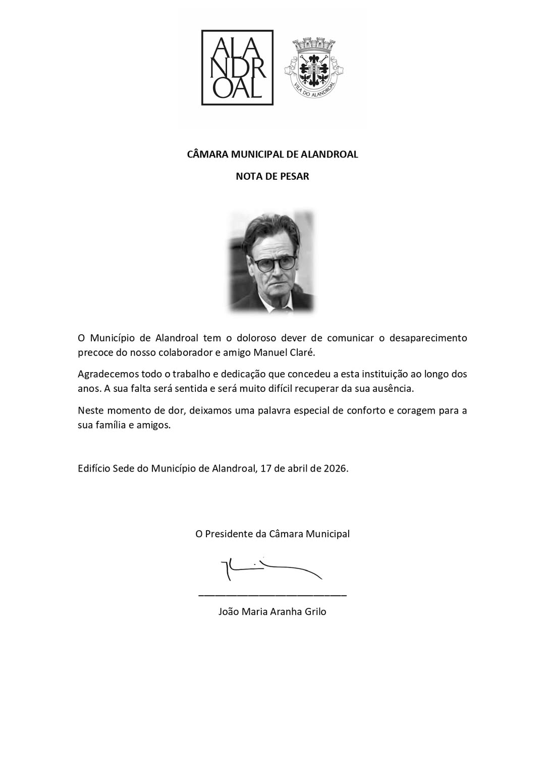 Nota de pesar pelo desaparecimento precoce do colaborador Manuel Claré.