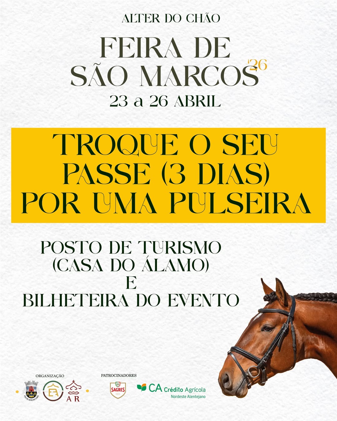 Já pode trocar o seu passe geral (3 dias) por uma pulseira no Posto de Turismo …