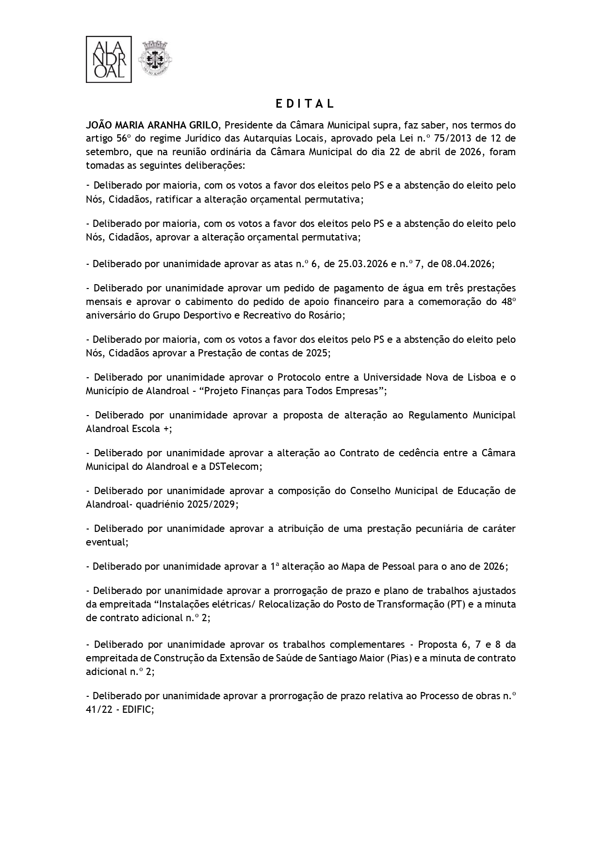 Reunião de Câmara 
22 de abril de 2026