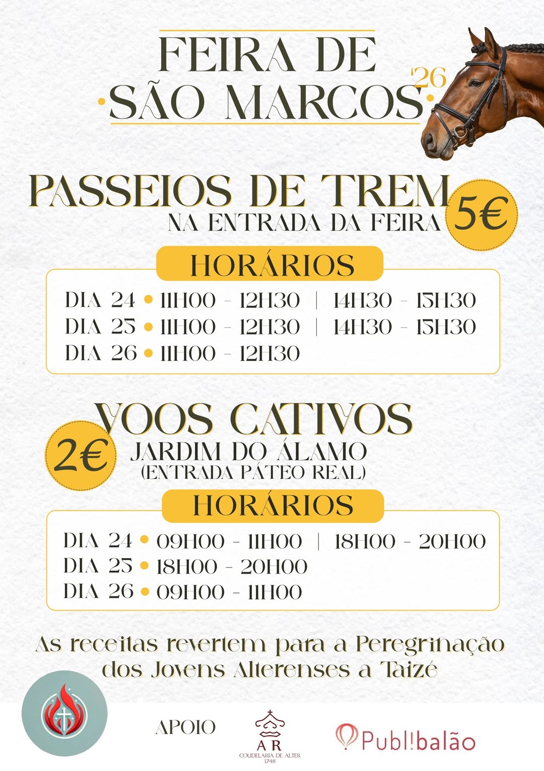 𝗙𝗲𝗶𝗿𝗮 𝗱𝗲 𝗦𝗮̃𝗼 𝗠𝗮𝗿𝗰𝗼𝘀 𝟮𝟬𝟮𝟲 
 Passeios de Trem e a Voos Cativos
 de 24 a 26 de abr…