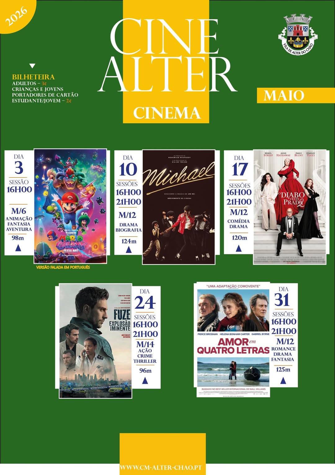 CINEMALTER
Maio 2026

 Bilhetes:
Adultos – 3€
Crianças e jovens portadores de c…