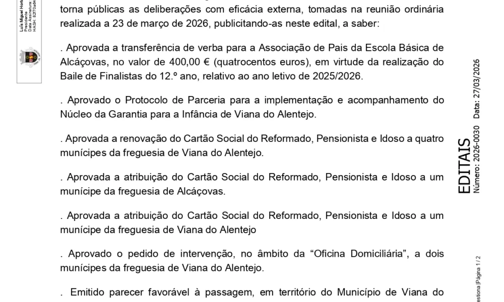 Edital nº30/2026
Deliberações tomadas na reunião ordinária da Câmara Municipal d…