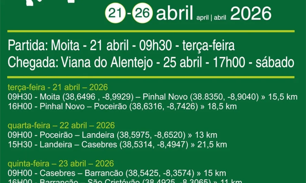 ROMARIA A CAVALO 2026 -MOITA » VIANA DO ALENTEJO
HORÁRIOS DAS ETAPAS – SAÍDAS PA…