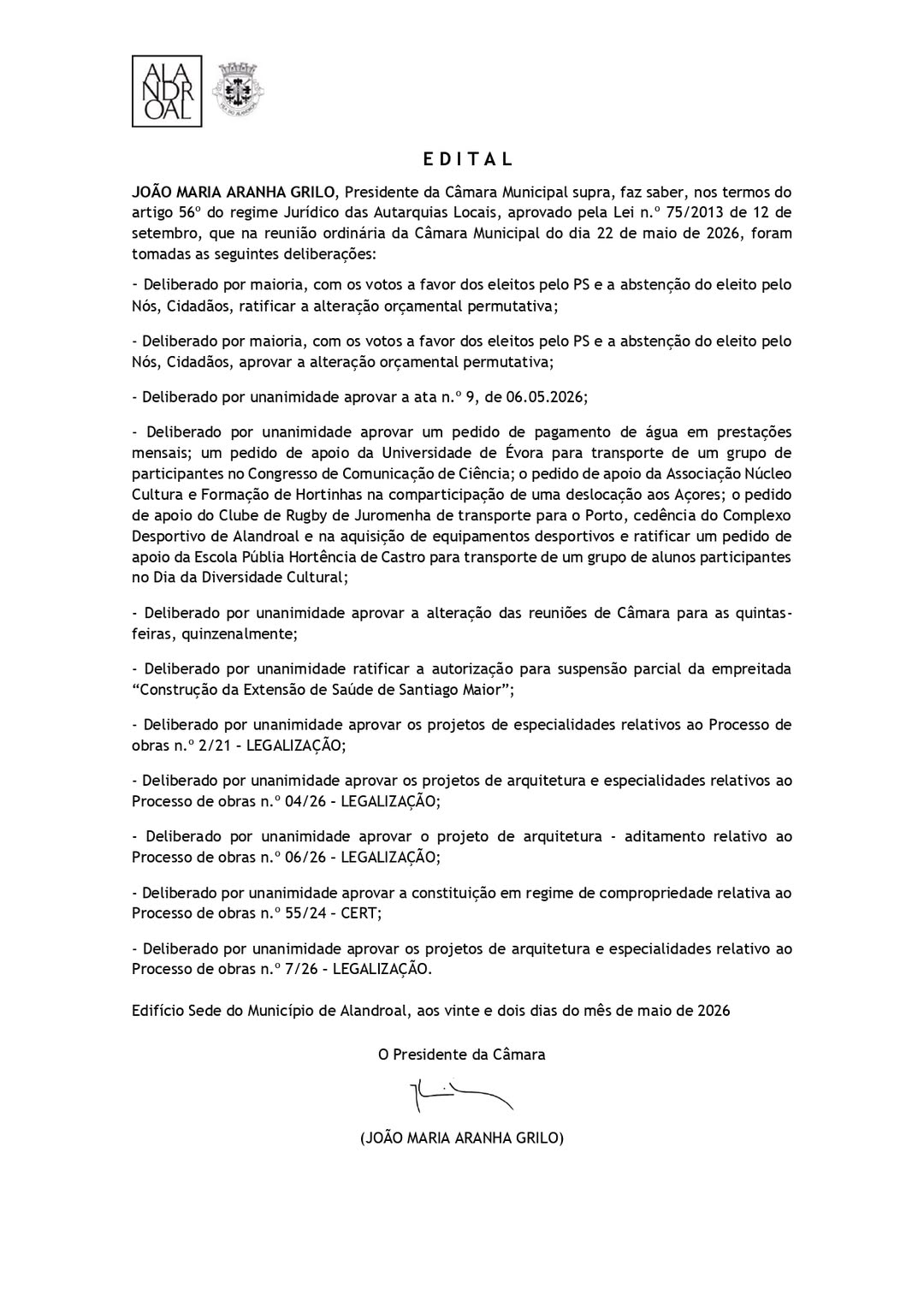 Reunião de Câmara 
22 de maio de 2026