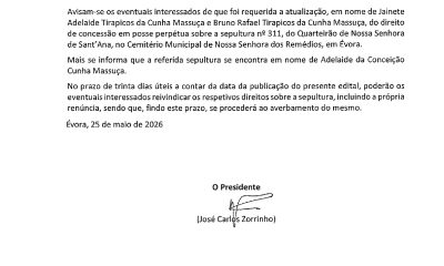 𝗜𝗻𝗳𝗼𝗿𝗺𝗮𝗰̧𝗮̃𝗼
Editais – Sepulturas nº 346 e 311 do Cemitério Municipal de Nossa S…