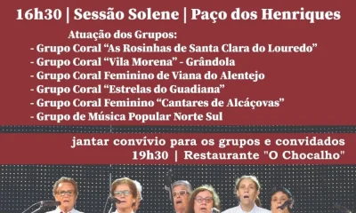 Encontro de Grupos Corais » 30 de maio » 16h00 » Paço dos Henriques » Alcáçovas
…