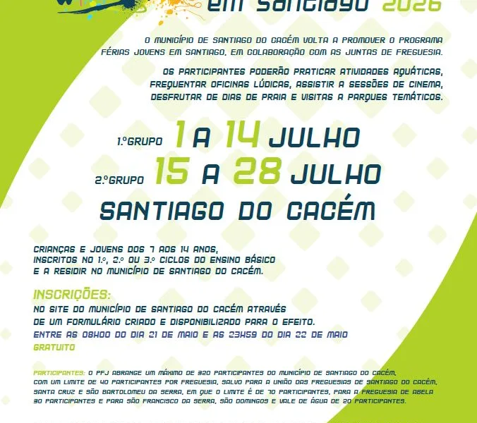Inscrições Férias Jovens 2026 – Câmara Municipal de Santiago do Cacém