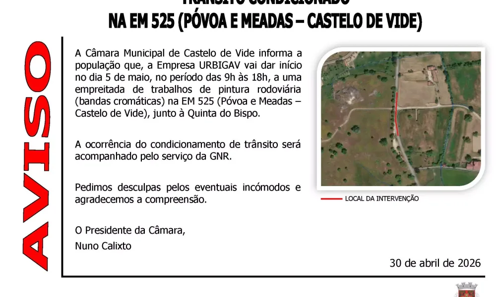 Castelo de Vide: Trânsito condicionado na EM 525 a partir de 5 de maio
