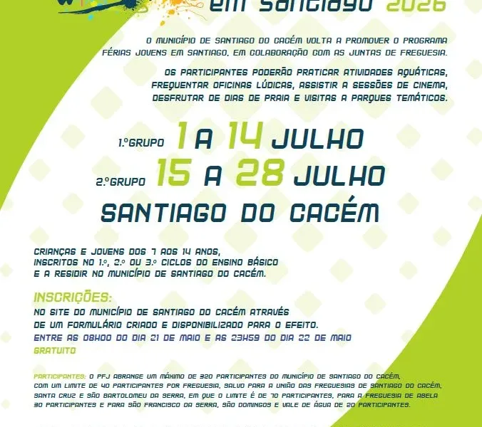 Inscrições abertas para o programa “Férias Jovens 2026” em Santiago do Cacém