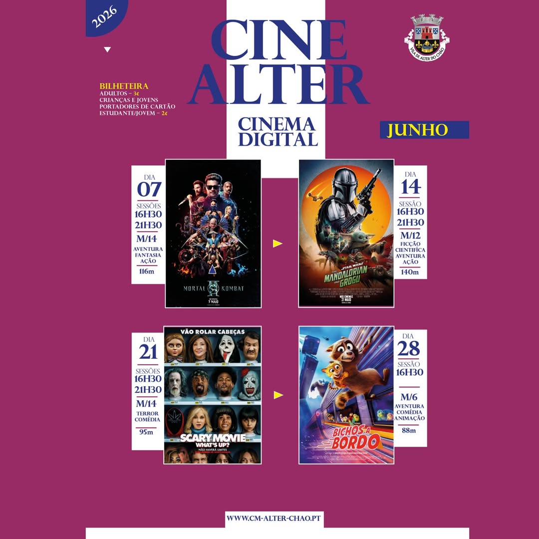 CINEMALTER
Junho 2026
 Bilhetes:
Adultos – 3€
Crianças e jovens portadores de c…