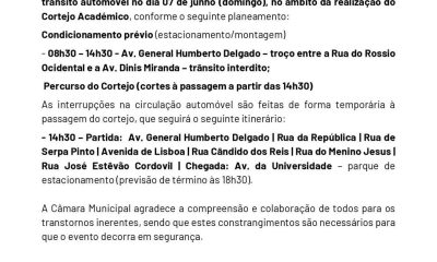 𝗜𝗡𝗙𝗢𝗥𝗠𝗔𝗖̧𝗔̃𝗢 
Queima das Fitas 2026 – Alterações/condicionamentos ao trânsito a…