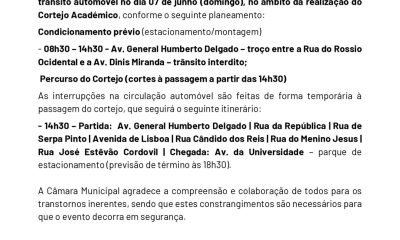 𝗜𝗻𝗳𝗼𝗿𝗺𝗮𝗰̧𝗮̃𝗼 𝗱𝗲 𝘁𝗿𝗮̂𝗻𝘀𝗶𝘁𝗼 
Alterações/condicionamentos ao trânsito automóvel no…