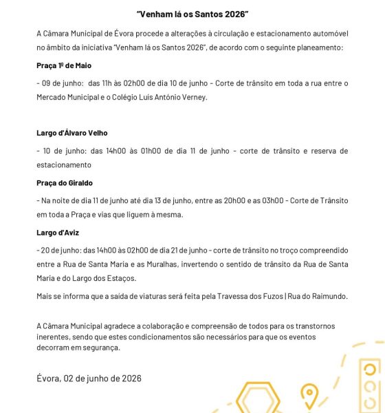 𝗜𝗡𝗙𝗢𝗥𝗠𝗔𝗖̧𝗔̃𝗢 
“Venham lá os Santos 2026”

União das Freguesias de Évora  – São …
